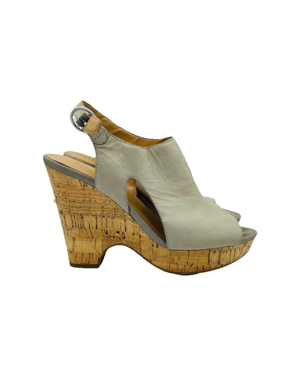 Franco Sarto Shoes Womens Size 8.5M Gray Gabriel Leather Cork Wedge Sandals Heel